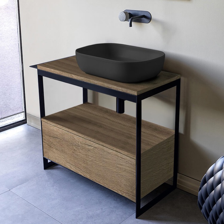 Scarabeo 1804-49-SOL3-89 Console Sink Vanity With Matte Black Vessel Sink and Natural Brown Oak Drawer